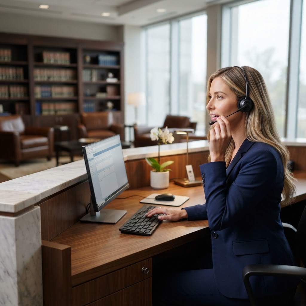 A blonde professional virtual receptionist wearing a headset, seated behind a law firm front desk with a computer monitor, taking a call, with law books and windows behind her